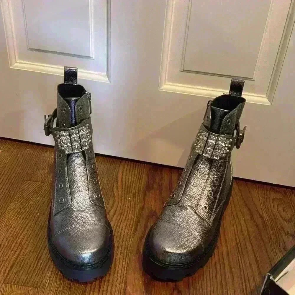 Pippa Jeweled Strap Metallic-Leather Lug Boots 8.5 Karl Lagerfeld